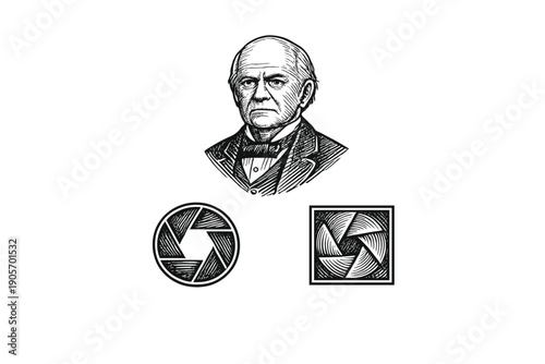 A black and white woodcut illustration featuring a portrait of an elderly man in formal attire above two camera aperture icons, set against a solid black background.