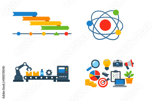 A collection of four flat vector illustrations featuring a project timeline, an atomic model, an automated industrial production line, and various business marketing icons on a black background.