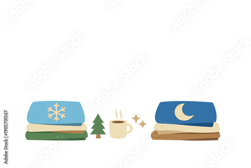 A minimalist flat illustration featuring two stacks of folded winter clothes, a small pine tree, a steaming mug of coffee, and decorative stars against a solid black background.