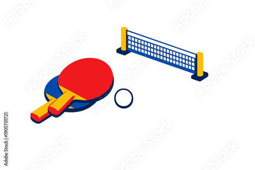 This isometric vector illustration features table tennis equipment with a red and blue paddle, a white ball, and a net on a dark background. Ideal for sports and recreation designs.