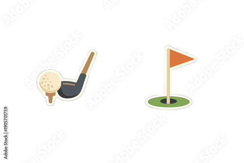 A stylized illustration featuring two golf icons: a golf ball on a tee being struck by a club and a flagstick in a hole on a green, set against a black background.