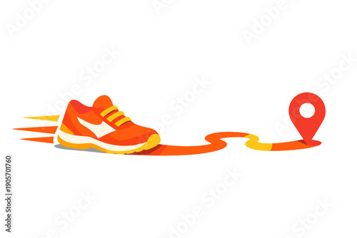 An orange sneaker with speed lines travels along a curved path toward a red map marker. This vector graphic symbolizes sports navigation, exercise tracking, and reaching fitness goals.