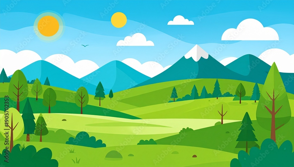 Fototapeta premium Hot air balloons flying over lush green valley with mountains and clear blue sky