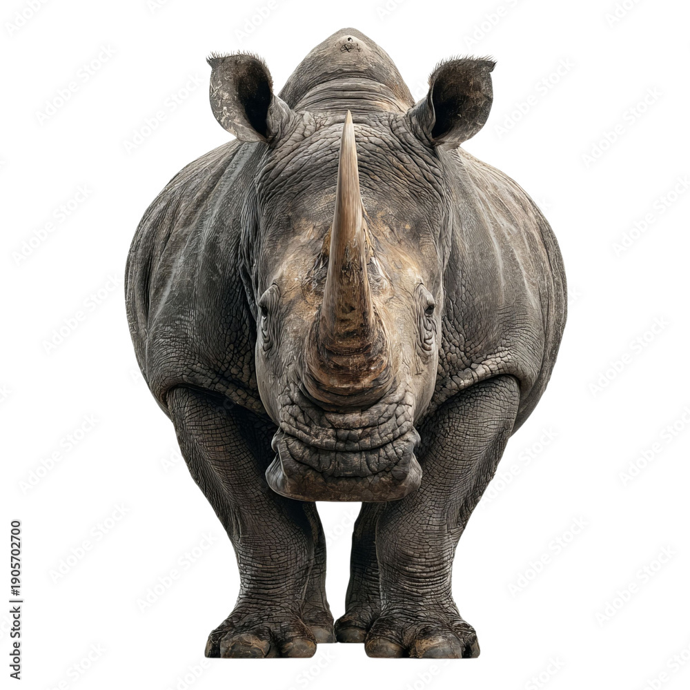 Obraz premium PNG of A close-up of a majestic rhinoceros showcasing its prominent horn and textured skin.