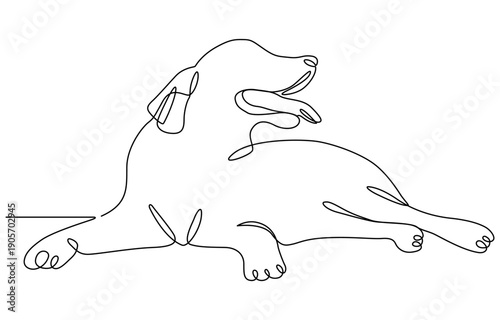 one continuous line drawing of a retriever dog sitting and relaxing. dog drawing in one continuous line, isolated, vector. 