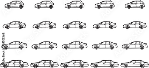 A comprehensive array of meticulously crafted vehicle illustrations, meticulously representing various car models. This collection offers a versatile resource for diverse design needs.
