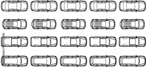 A graphic of various top-view car silhouettes showcasing diverse vehicle designs. 