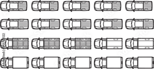 An array of delivery trucks, captured from above, showcase a fleet of vehicles prepared for transporting goods. This image highlights the logistics and infrastructure of moving cargo.