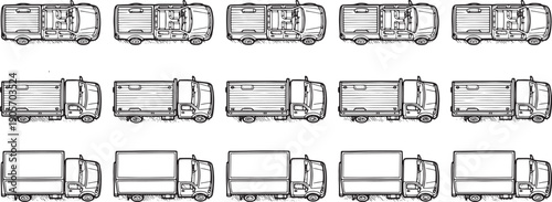 A fleet of stylized transport trucks in top and side views, showing a variety of transport vehicles and cargo carriers in a monochrome illustrative design.