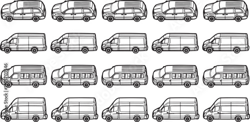 Fleet of monochromatic vans and minibuses, showcasing an array of vehicle models in a clean, detailed illustration.