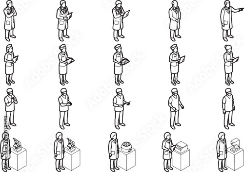 A set of diverse medical staff icons, rendered in a detailed and realistic vector illustration in monochromatic, conveying the meticulous nature of medical profession.