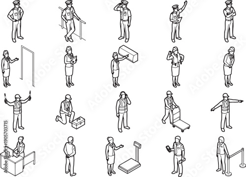 Collection of security personnel. These meticulously crafted illustrations provide a comprehensive look at the world of security personnel, from the customs to airport scenarios.