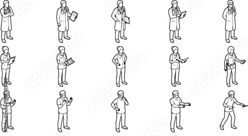 A collection of sketch images of medical staff in various professional attires, portraying medical personnel.