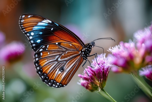 Butterfly with Blue and Orange Wings on Purple Flower