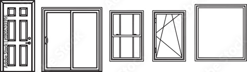 A collection of architectural elements featuring various doors and windows in a minimalist style.
