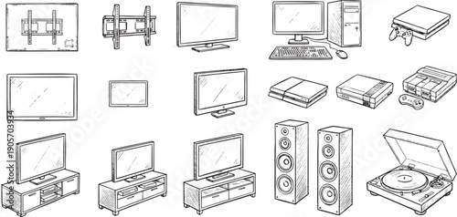 Assortment of electronic devices, a sketch style illustration on a white backdrop.