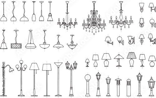 A diverse array of elegant lighting fixtures, showcasing a variety of styles, from classic chandeliers to contemporary lamps, drawn in crisp, clean lines, perfect for architectural visualization. 