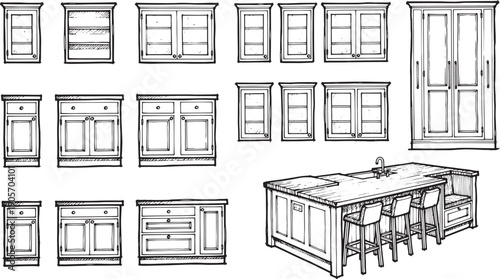 A detailed illustration showcases various designs of kitchen cabinetry and a central island with bar seating, providing a comprehensive view of potential interior design options.