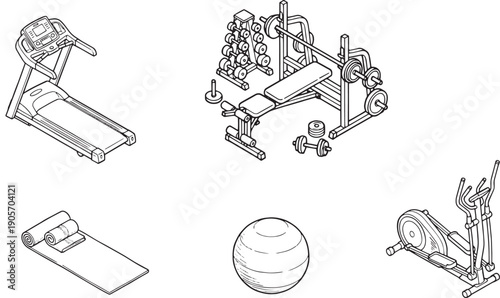 A comprehensive collection of exercise equipment for building a strong physique, depicted in a modern, illustrative style.