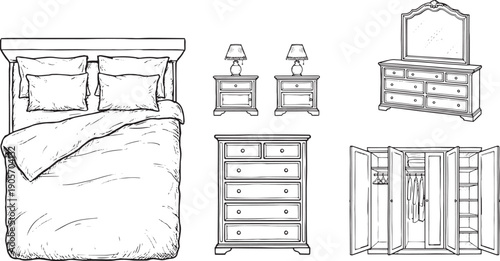 An illustrative rendering presents a selection of bedroom furniture, showcasing a bed, nightstands, dressers, and a wardrobe, offering a clean, technical view for design or conceptual purposes.