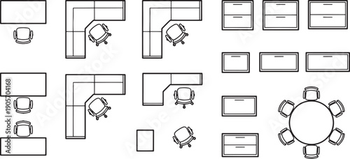A top-down view of modern office furniture arrangements, showcasing desks, chairs, storage units, and conference tables in a clean, minimalist design.