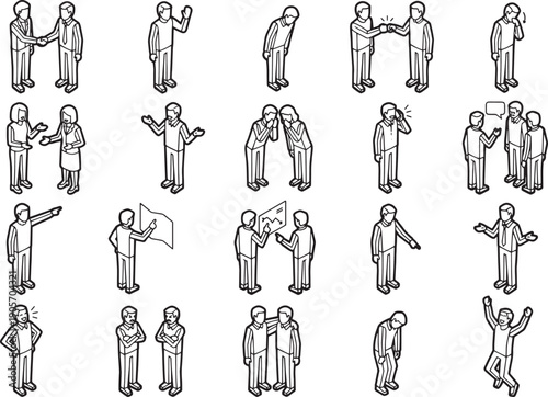 Isometric vector illustrations of interactions between two or three persons, capturing various social dynamics and scenarios. Ideal for depicting interpersonal communication and group interactions.