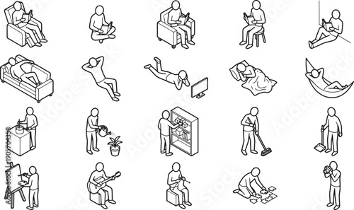 Collection of isometric figures engaged in various everyday activities, in monochrome.