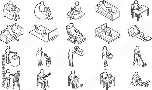 A collection of line art illustrations, each depicts individual people, capturing moments of relaxation and activity.