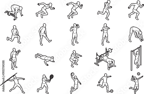 Dynamic outline drawings of diverse sport activities with a focus on human actions, ideal for design, educational content and sports-related graphics.