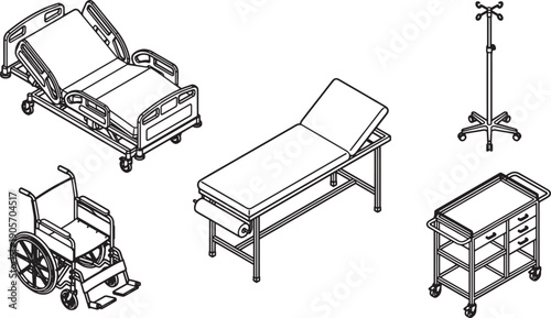 Medical Equipment Illustration : A collection of essential medical equipment rendered in a clean, clinical style, ideal for healthcare or design projects.