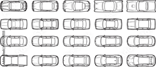 A fleet of various car models line up in a sleek, streamlined top view, ideal for automotive design, transportation concepts, or illustrating urban traffic patterns.