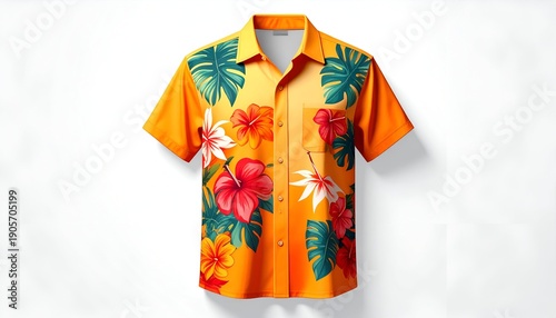 Vibrant orange shirt with lush floral pattern, short sleeved and collared. Pocket on right. Isolated on white background