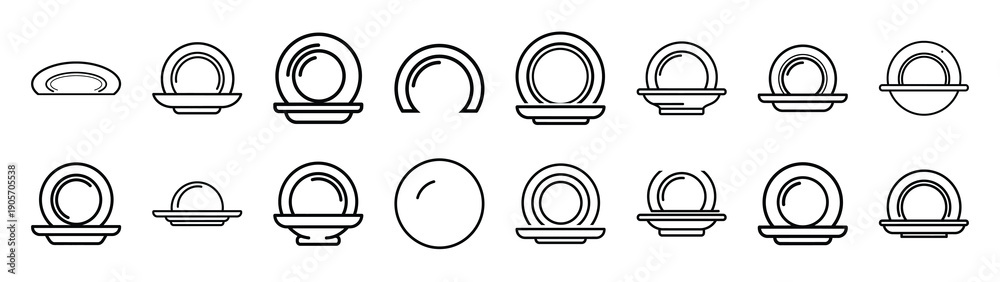 Fototapeta premium Collection of dinner plate different kitchen outlines silhouette icon set.