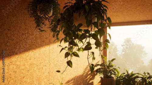 Warm interior with hanging plants and sunshine on wood paneling. Indoor plants and sunlight creates peaceful environment.