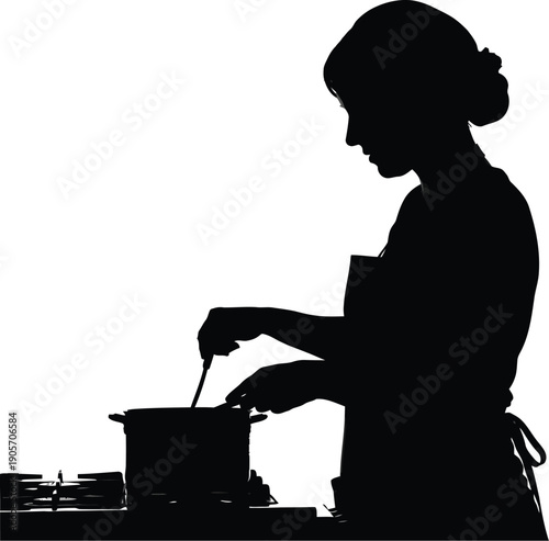 Woman cooks stirring pot in kitchen with utensils and stove