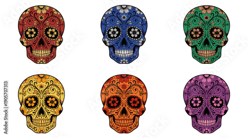 Colorful Day of the Dead Skull Illustration Collection with Intricate Floral Designs