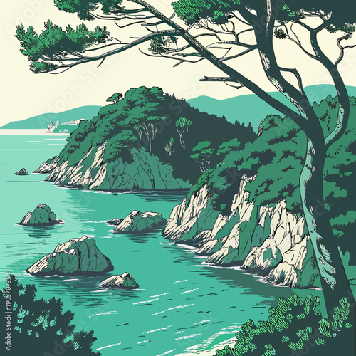 Emerald water seascape with rocky islands and green trees 1