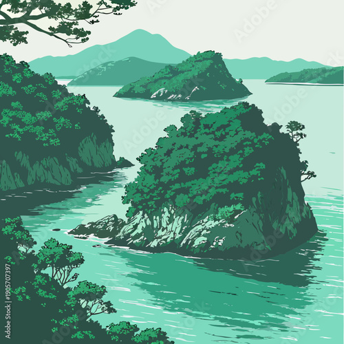 Emerald water seascape with rocky islands and green trees