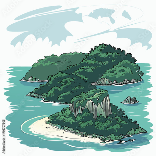 Exotic tropical islands with lush green forests and white sandy beaches