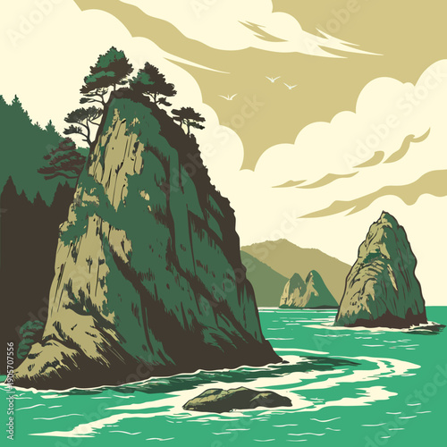 Island rock formations standing in emerald sea with trees