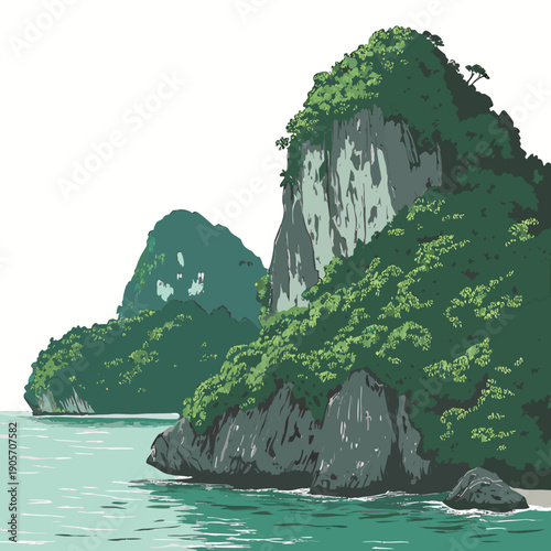 Island rock formations with lush vegetation rising from turquoise water