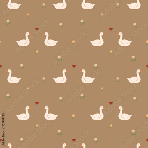 Seamless vector pattern with cute white geese wit, small flowers and decorative elements on a warm beige background. Hand drawn flat style illustration for textiles, wrapping paper and kids designs