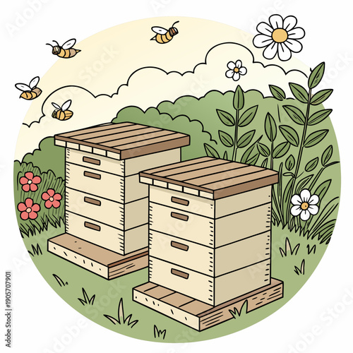 Bee hives in a garden with flowers and flying bees