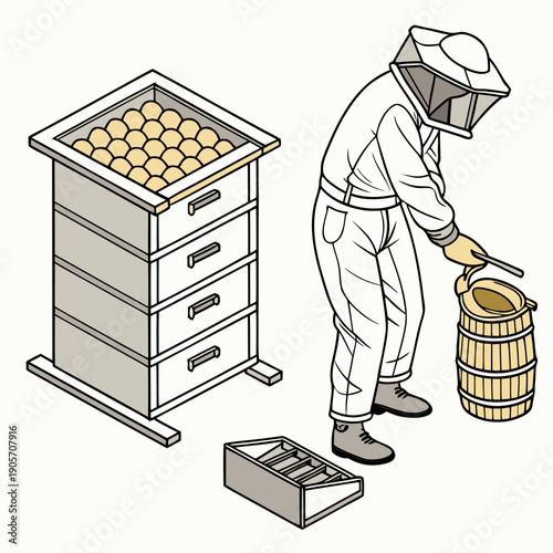 Beekeeper in white suit inspecting hive on clean white background
