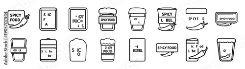Collection of spicy food label different kitchen outlines silhouette icon set.