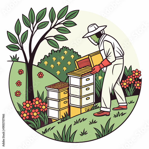 Beekeeper inspecting stacked beehives in garden with flowers and trees
