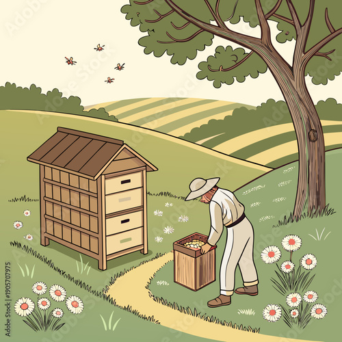 Beekeeper inspecting honeycomb boxes in rural apiary