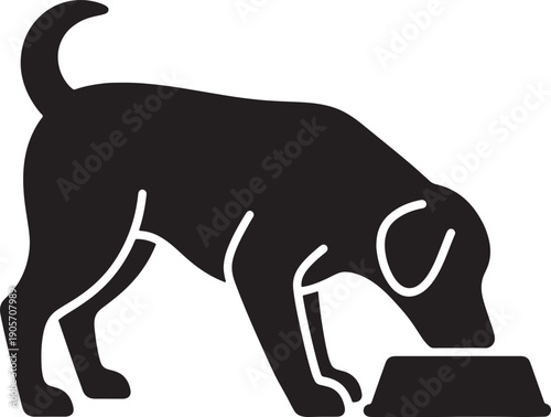 Dog eating from bowl silhouette vector icon