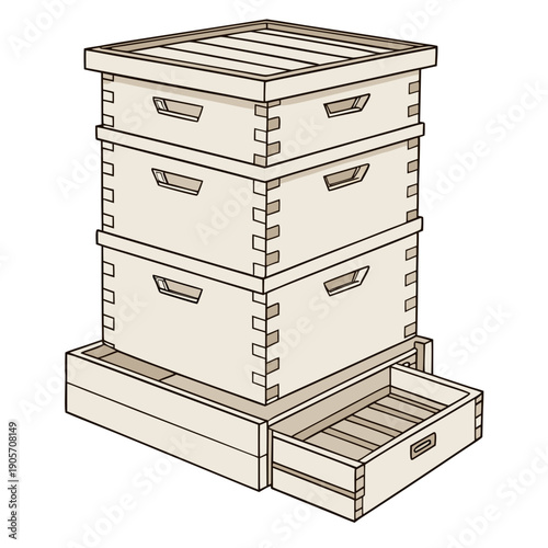 Of stacked beekeeping boxes with one drawer open stacked boxes