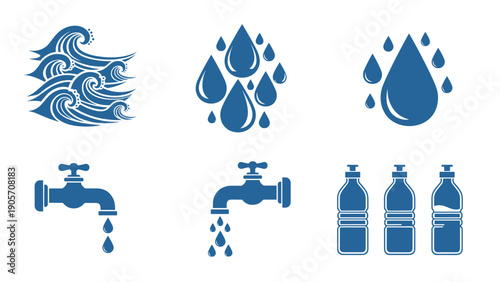 Water Icons: Diverse Symbols for Hydration Conservation and Purity Illustration